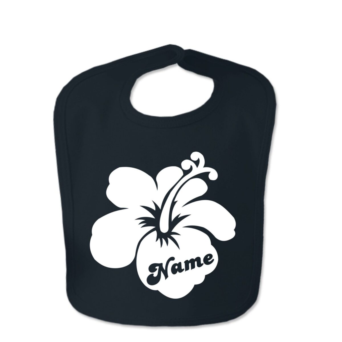 Black Custom Printed Hibiscus Flower With Childs Name Baby Bib
